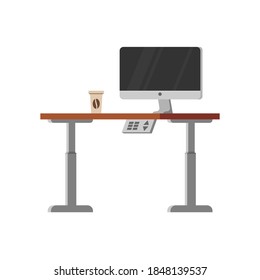 Electric ergonomic sit and stand computer desk. Modern office or home workspace with monitor and cup of coffee vector concept. Empty corporate workplace in flat cartoon vector design.