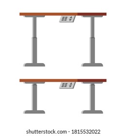 Electric ergonomic sit and stand work computer desk in low and hight position. Isometric vector illustration in flat design style.