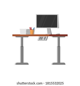 Electric ergonomic sit and stand work computer desk in low and hight position.  Paper work and computer monitor. Isometric vector illustration in flat design style.