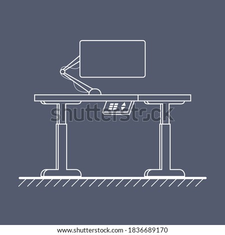 Electric ergonomic sit and stand work computer desk in low and hight position. Computer monitor. Isometric vector illustration in flat design style.