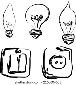 electric euro socket, switch and light bulbs isolated vector sketches