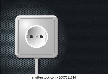 Electric european outlet on the wall. White plastic plug. Realistic illustration.