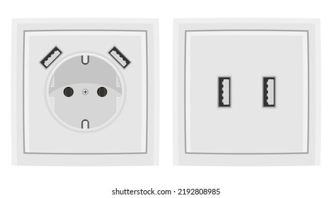 Cojinetes eléctricos europeos blancos con conectores usb.
Ilustración aislada y realista.