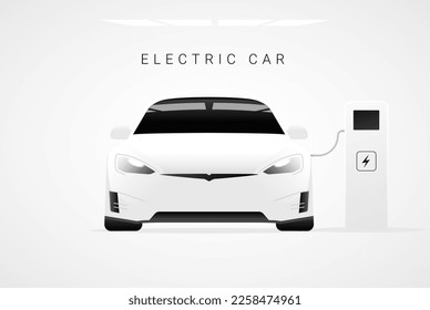 Concepto vectorial de la estación de carga eléctrica ev del coche. Ilustración híbrida de la tecnología de recarga de vehículos eléctricos de batería futura