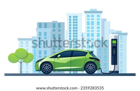 Electric EV car charging battery on the city. Concept of protecting the environment, loving the earth, Save for the world. Ready to apply to your design. Vector illustration.