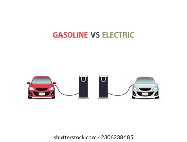 Vehículo eléctrico EV vs gassolina en el fondo. Concepto de proteger el medio ambiente, amar la tierra, salvar al mundo. Listo para aplicar a su diseño. Ilustración vectorial.