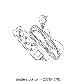 Dibujo de línea continua extensor eléctrico. Una línea de dispositivo doméstico, enchufe, electricidad, enchufe eléctrico europeo y americano, 220 voltios, adaptador de enchufe.