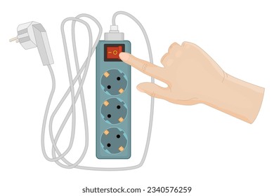 Extensión eléctrica y dedo pulsando el botón del cable de extensión eléctrico sobre fondo blanco. Mano usando el interruptor de toma de iluminación roja en el cable de extensión eléctrico. Ahorro de energía. Ilustración del vector