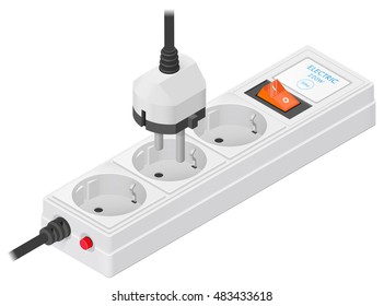 Electric extension isolated on white background. Powerboard isometric with three slots