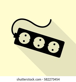 Electric extension plug sign. Black icon with flat style shadow path on cream background.