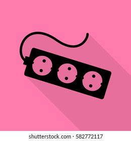 Electric extension plug sign. Black icon with flat style shadow path on pink background.