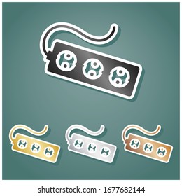Electric extension plug sign. Set of metallic Icons with gray, gold, silver and bronze gradient with white contour and shadow at viridan background. Illustration.