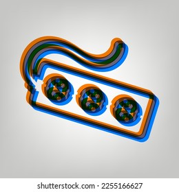 Signo de enchufe de extensión eléctrica. Icono marcado en colores naranja, azul y lavanda antigua en fondo gris. Ilustración.