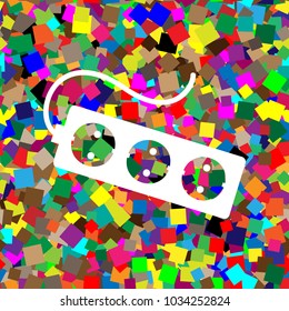 Electric extension plug sign. Vector. White icon on colorful background with seamless pattern from squares.