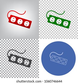 Electric extension plug sign. Vector. 4 styles. Red gradient in radial lighted background, green flat and gray scribble icons on transparent and linear one in blue circle.