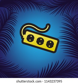 Electric extension plug sign. Vector. Golden icon with black contour at blue background with branches of palm trees.
