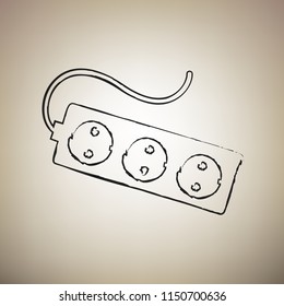 Electric extension plug sign. Vector. Brush drawed black icon at light brown background.