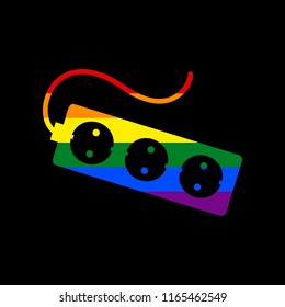 Electric extension plug sign. Vector. Icon with colors of LGBT flag at black background.