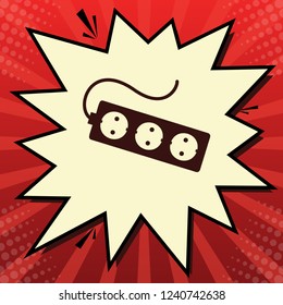 Electric extension plug sign. Vector. Dark red icon in lemon chiffon shutter bubble at red popart background with rays.