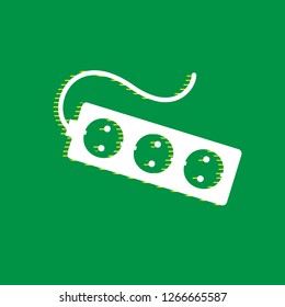 Electric extension plug sign. Vector. White flat icon with yellow striped shadow at green background.