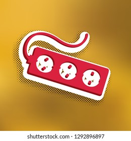 Electric extension plug sign. Vector. Magenta icon with darker shadow, white sticker and black popart shadow on golden background.