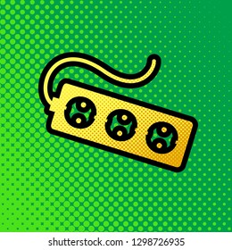 Electric extension plug sign. Vector. Pop art orange to yellow dots-gradient icon with black contour at greenish background.