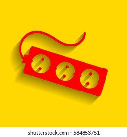 Electric extension plug sign. Vector. Red icon with soft shadow on golden background.