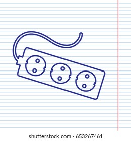Electric extension plug sign. Vector. Navy line icon on notebook paper as background with red line for field.