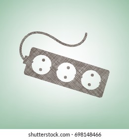 Electric extension plug sign. Vector. Brown flax icon on green background with light spot at the center.