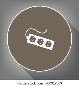 Electric extension plug sign. Vector. White icon on brown circle with white contour and long shadow at gray background. Like top view on postament.