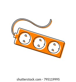 Electric extension plug sign. Vector. Black line icon with shifted flat orange filled icon on white background. Isolated.