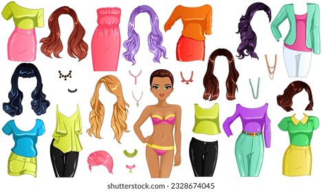 Electric Eyes Paper Doll with Colorful Clothes, Hairstyles and Accessories. Vector Illustration