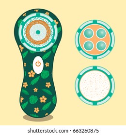 Electric facial brush for daily facial care with additional accessories and fashionable print. Vector illustration.