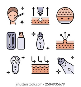 Electric facial cleanser. Facial cleansing Home Beauty Device color icons set. Pore retexturizing. Treating blackheads and whiteheads. Isolated vector simple symbol.