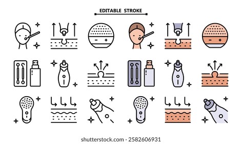 Electric facial cleanser. Editable stroke. Facial cleansing Home Beauty Device icons set. Pore retexturizing. Treating blackheads and whiteheads. Isolated vector simple symbol.