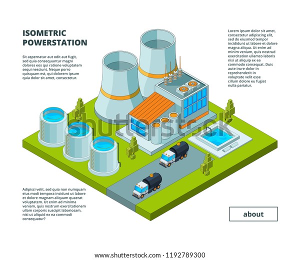Electric factory. Power plant electrical\
generation tools buildings with turbines tubes production support\
vector isometric buildings. Electricity power station, electric\
building illustration