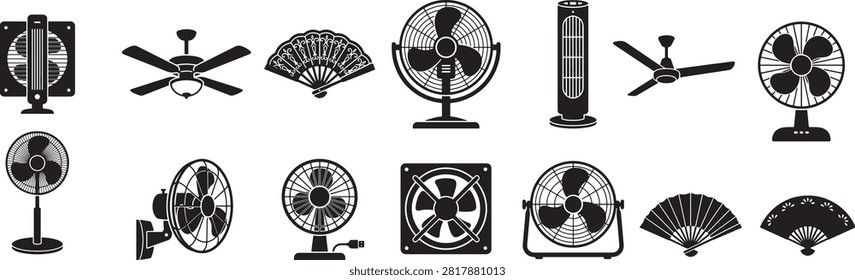 Electric fan and ceiling fan icons vector collection cooling appliance fan shape set home climate ventilation graphics layout on white background, fan, cooling, climate, appliance, electric, ceiling, icon, line art