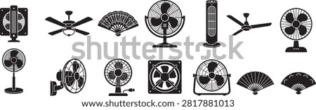Electric fan and ceiling fan icons vector collection cooling appliance fan shape set home climate ventilation graphics layout on white background, fan, cooling, climate, appliance, electric, ceiling, icon, line art