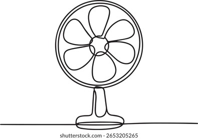 Ventilador elétrico em desenho contínuo de uma linha, ilustração minimalista do aparelho doméstico em estilo vetorial editável


