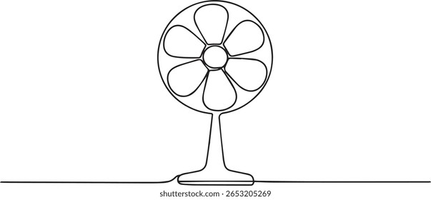 Ventilador elétrico em desenho contínuo de uma linha, ilustração minimalista do aparelho doméstico em estilo vetorial editável

