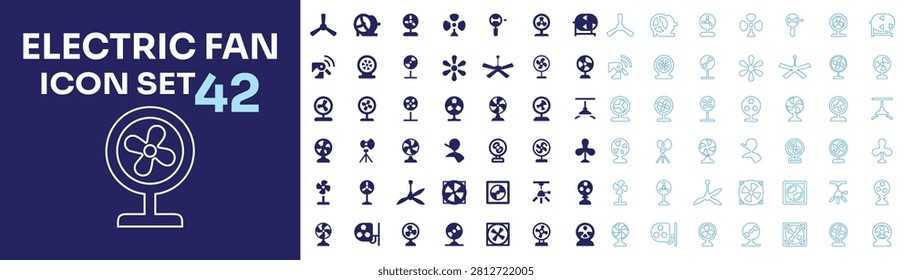 Electric fan flat and outline, editable stroke icon pack featuring table fan, turbine fan, window fan, and air cooler.