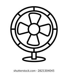 Electric fan with four blades and round grille cover, black and white line art vector illustration
