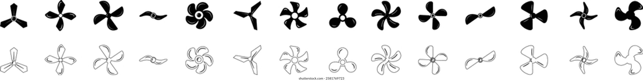 Electric fan icons set. Air conditioning heating and cooling black fan bicolor line and flat vector collection isolated on transparent background. Wind symbol , cold temperature design concepts.