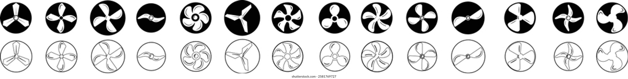 Electric fan icons set. Air conditioning heating and cooling black fan bicolor line and flat vector collection isolated on transparent background. Wind symbol , cold temperature design concepts.