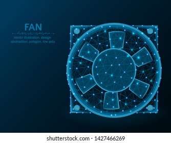 Electric fan low poly design, cooler abstract geometric image, electrical appliance wireframe mesh polygonal vector illustration made from points and lines on dark blue background