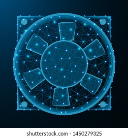Electric fan low poly design, cooler abstract geometric image, electrical appliance wireframe mesh polygonal vector illustration made from points and lines on dark blue background