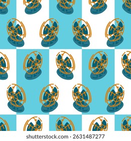 Ventilador elétrico Design de padrão contínuo com ventiladores elétricos estilizados com grelhas de segurança laranja e lâminas azuis escuras em um plano de fundo quadriculado branco e azul claro.