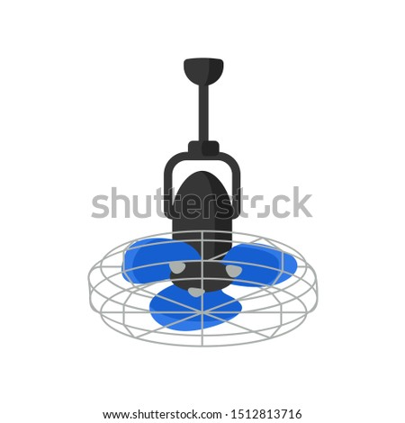 Electric fan vector illustration. Hanging air conditioning equipment isolated on white background. Summer ceiling spinning propeller. Air cooling, temperature control household appliance.