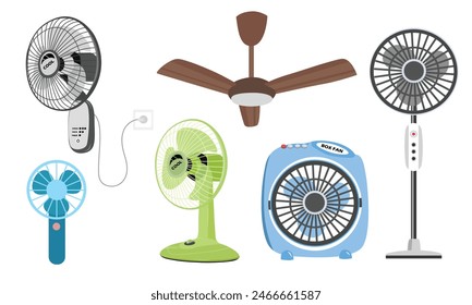 Electric fan vector set. Household appliance. Flat vector in cartoon style isolated on white background.