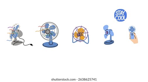 Electric fan. Ventilator table rotating propeller, cool air control, climate control in home. Modern and vintage blower equipment. Doodle drawing. Vector cartoon flat isolated illustration